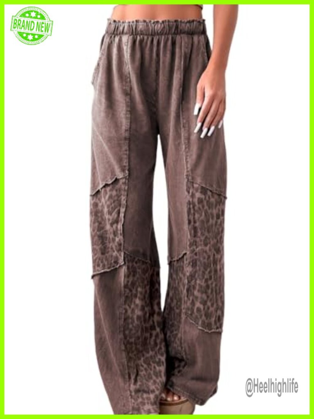 Women Wide Leg Leopard Patchwork Pants with Pockets High Rise